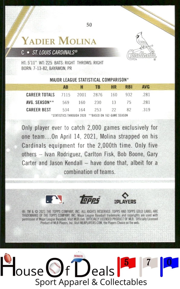 2021 Topps Gold Label #50 Yadier Molina Class 2 St. Louis Cardinals Card - Image 2 of 2