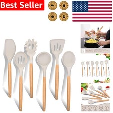 6-Piece Silicone Kitchen Utensil Set Wood Handles Non-Stick Heat Resistant Khaki