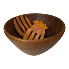 3 Pc Vintage Wooden Salad Bowl with Tongs marked Kamani Woods