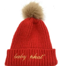 Baby Phat Womens Beanie Red Cuffed Pompom Bobble Hat