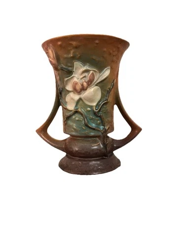 Vtg Roseville Pottery Usa  Magnolia Vase Brown Double Handle  6.25” Tall 6” Wide