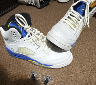 Jordan Air Jordan 5 Retro Mid Top Leather White Blue Yellow 5.5Y 440888 189