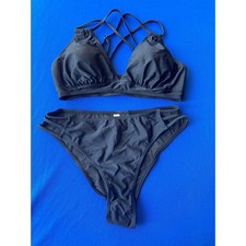 Black 2 Piece Bikini Set NWOT Strappy Back Cutout Bottoms Women's Size Medium