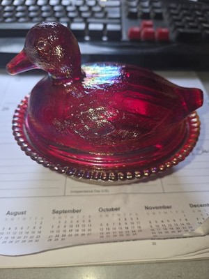 Westmoreland Iridescent Carnival Glass Duck Oval Covered Dish Bowl w/ Lid, 2pc