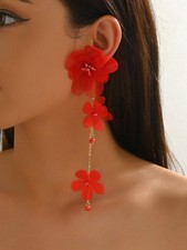 Red Fabric Floral Long Dangle Earrings For Women One Size