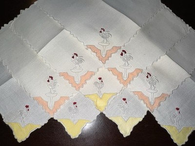 Vintage Embroidered Red Rooster Cocktail Napkins Set Of 10. (BC)