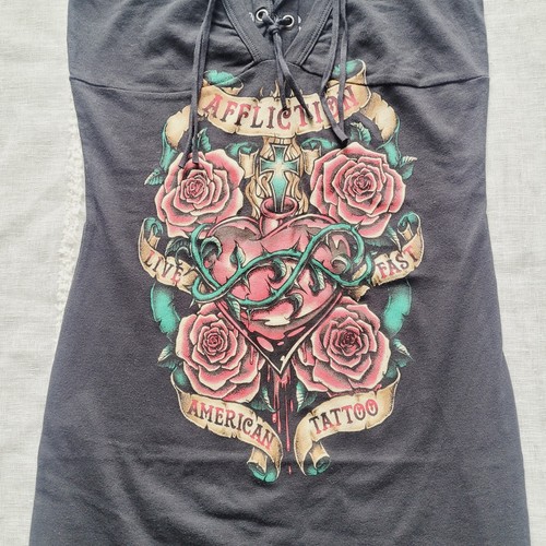 Affliction American Tattoo (Heart, Cross, & Roses) Women's Strap Dress Top - Picture 2 of 13