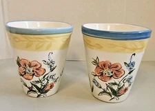 Pier One Coffee Mugs Floral Handpainted Earthware Set Of 2