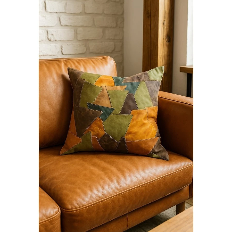 Boho Leather Patchwork Cushion Cover - Artisan Rustic Earth Tone Pillow - Image 2 of 4