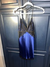 Vintage Linea Donatella Nightgown Midnight Blue Size L Black Lace Faux Diamond