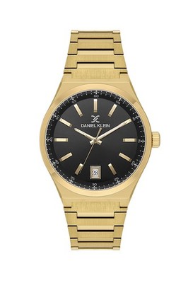 Mens 42mm Quartz Watch Steel Strap Gold / Black Dial Date