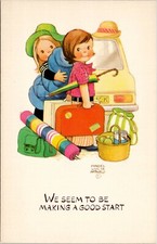 Tarjeta postal de equipaje de artista Mabel Lucie Attwell linda pareja haciendo un buen comienzo W8