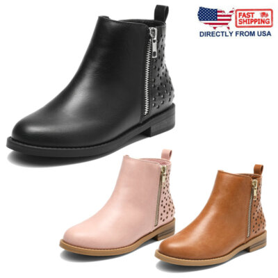 Kids Girls Ankle Boots Side Zipper Low Heels Fashion Chelsea