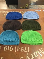 LOT OF 6 BABY CROCHET BEANIE HATS NEW--BLUES/GREEN/BROWN