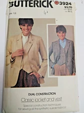 Jacket Vest Basic Boyfriend 12 Butterick 3924 Sewing Pattern UC VTG 80s Dual