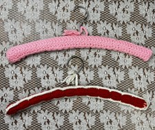 2 Vintage Handmade Red Pink Crochet Covered Clothes Hangers