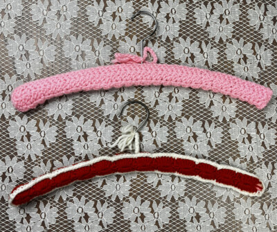 2 Vintage Handmade Red Pink Crochet Covered Clothes Hangers