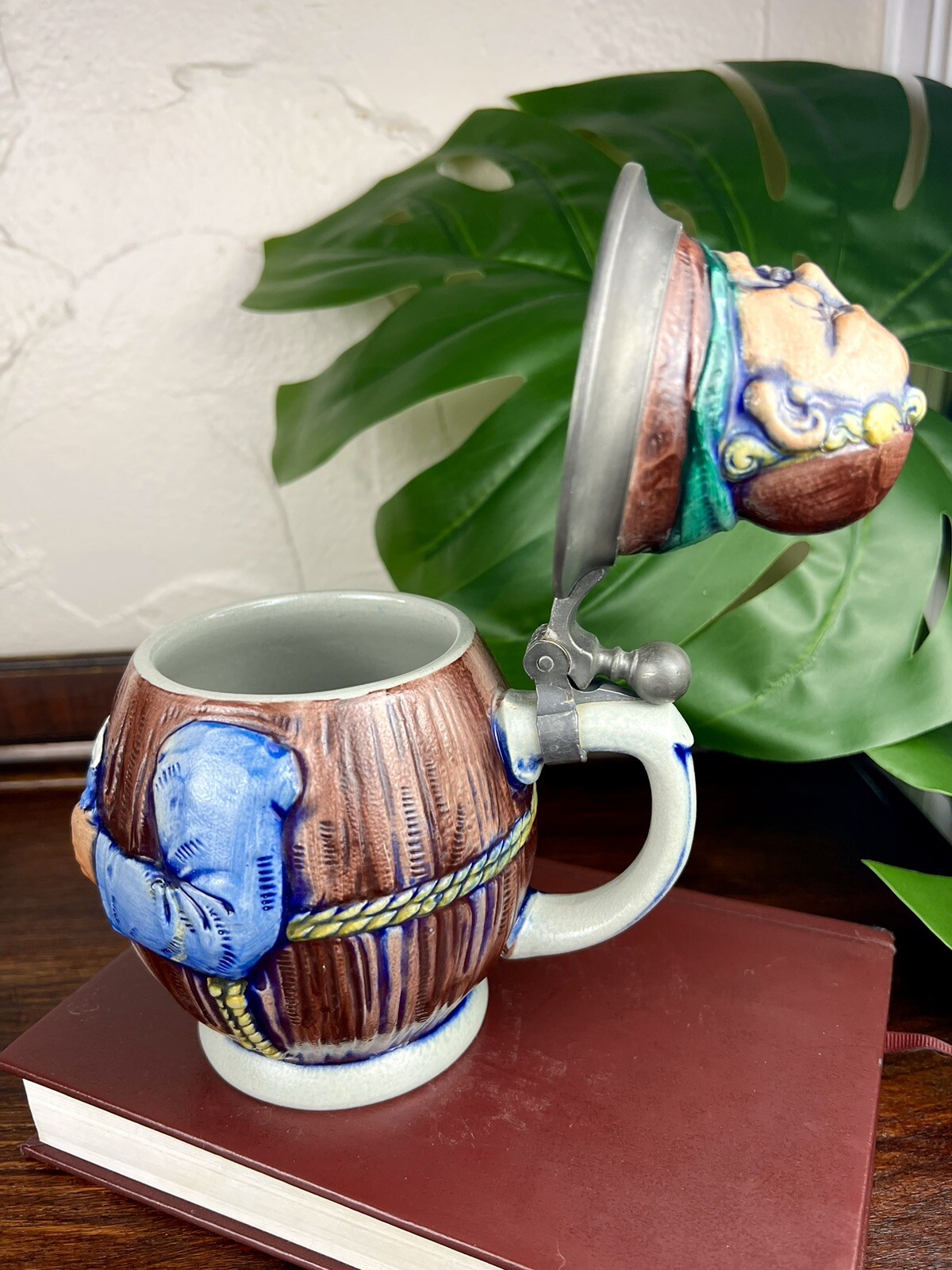 Vintage Lidded Gerzit Gerz Beer Stein Friar Monk Book Bible Germany Stoneware