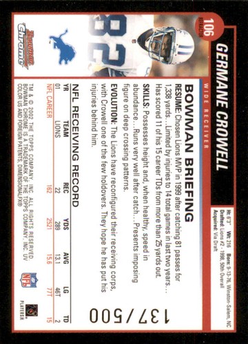 2002 Bowman Chrome Refractors #106 Germane Crowell /500 - Picture 2 of 2