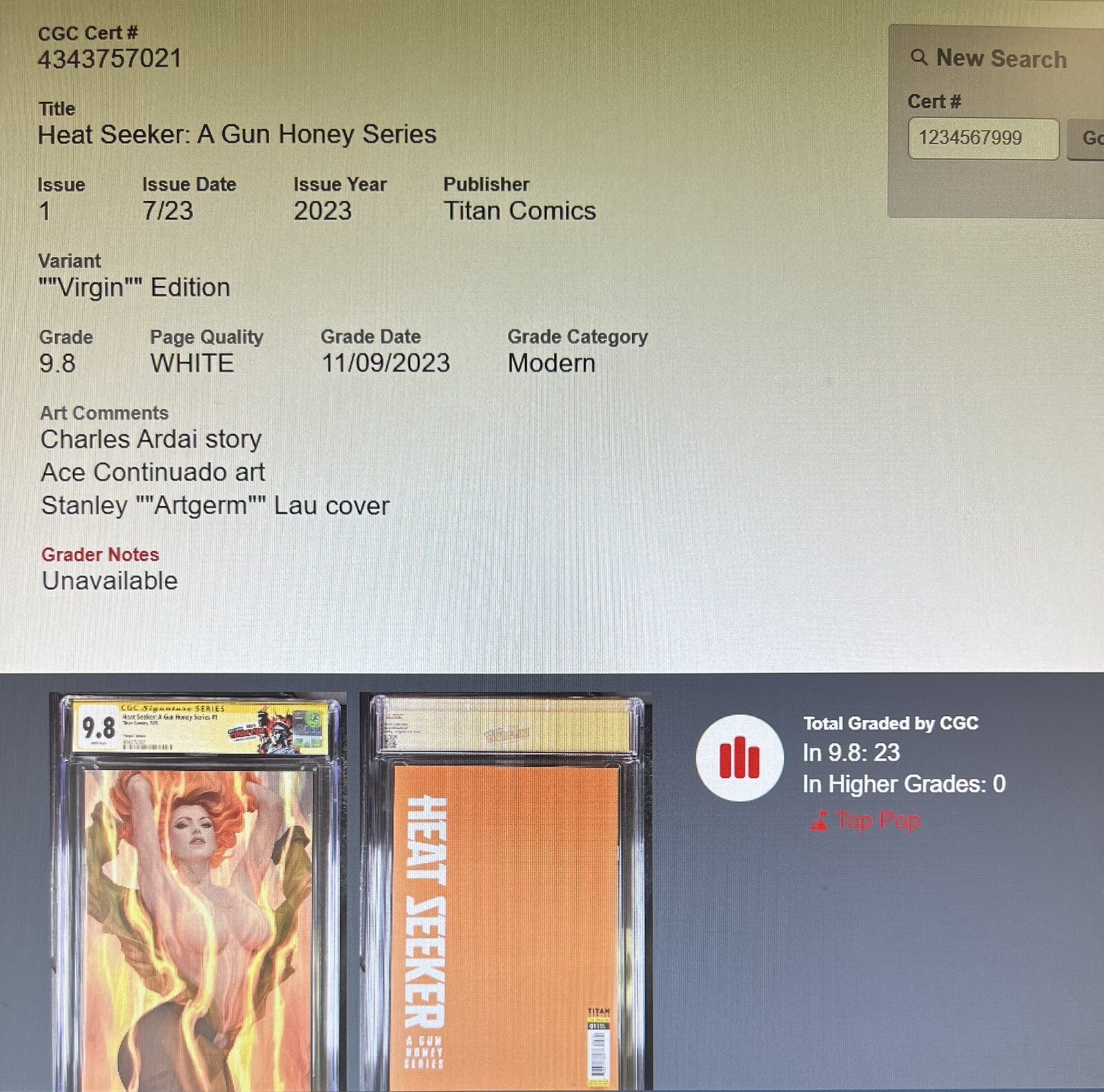 Heat Seeker A Gun Honey Series 1 Artgerm Virgin Edition CGC 9.8 ERROR