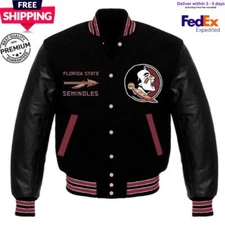 NCAA Men's Florida State Seminoles Black Varsity Wool Leather Letterman Jacket