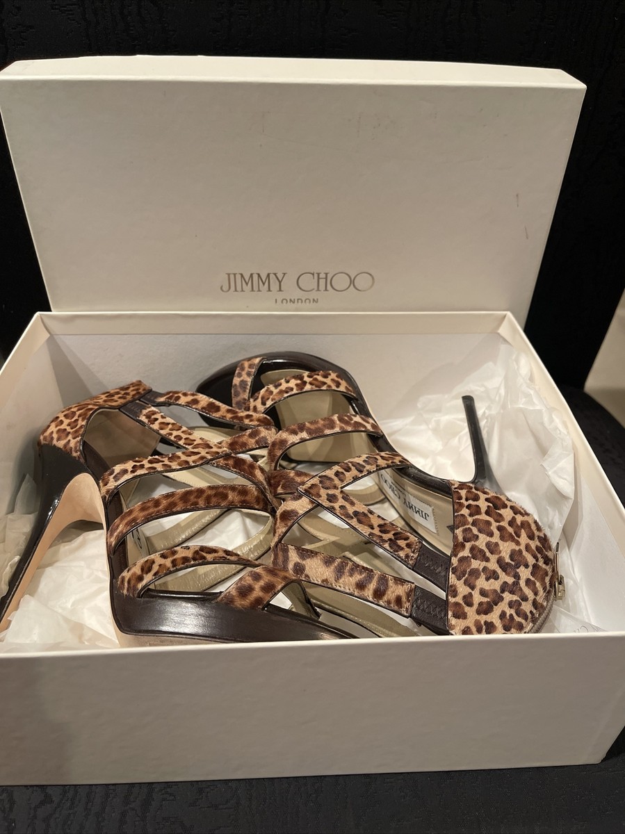JIMMY CHOO MULTICOLOR LEOPARD PRINT PONY PLATFORM STRAPPY
