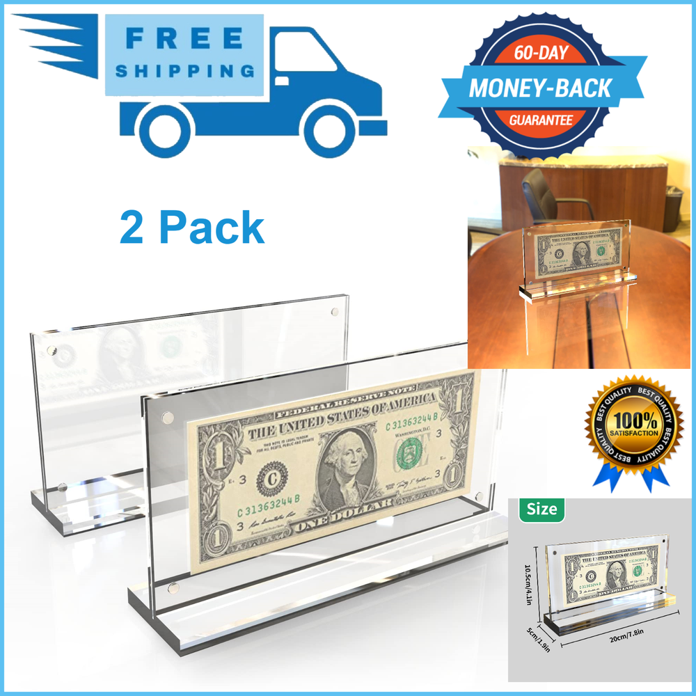 2Pack Acrylic Dollar Bill Display Frame Currency Paper Money Holder Display Case