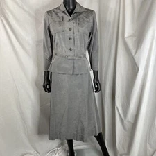 50s Nelly Don Fair Weather Suits 2 pc skirt top w/ belt gray silver 30" waist L