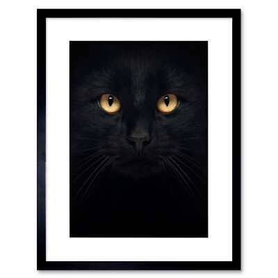 Gerahmter Wandkunstdruck Schwarze Katze Gesicht Nahaufnahme 9 x 7 Zoll