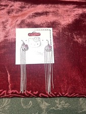Sanrio Hello Kitty Dangle Fringe Earrings Silver Tone With Rhinestones