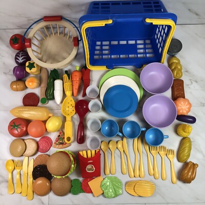 Lot Pretend Play Food ~Dishes, Cut Up Vegetables, Fast Food