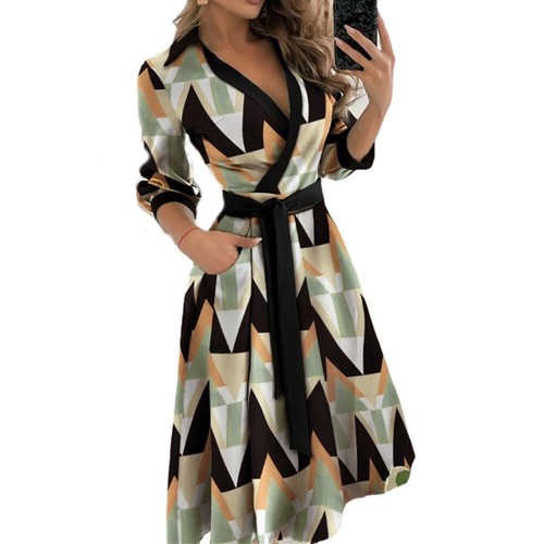 Womens Long Sleeve Belted Midi Dress Ladies V Neck Party Formal Work OL Dress M - Picture 9 of 22