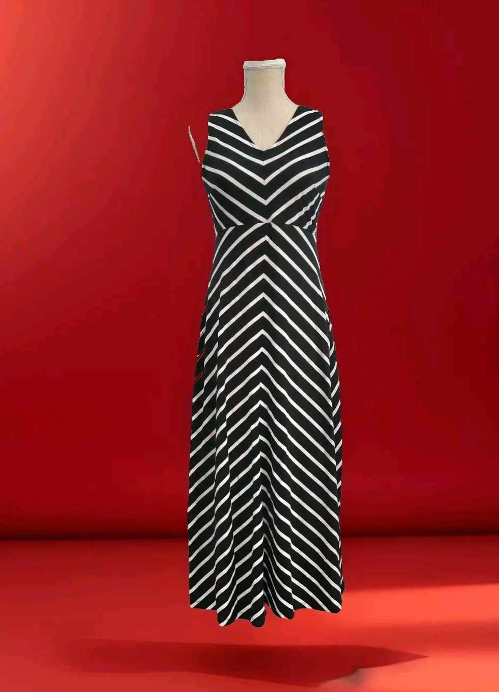 Talbots Maxi Dress Size PS Black White Chevron Stripe Vneck Sleeveless Open Back-image