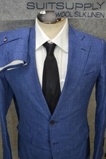 Suitsupply Lazio Suit Mens 34R Silk Linen Blue Check Textured Wool Slim - 31x30