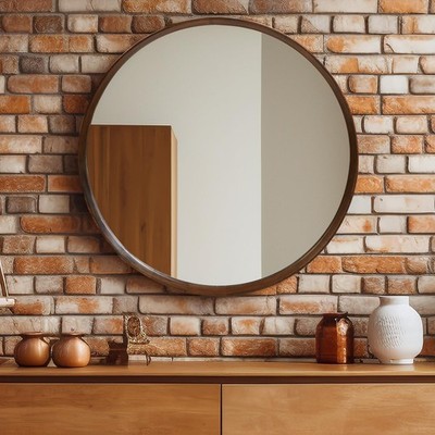 Round Wood Frame Mirror 28 Inch, Brown Wall Circle Mirror for Bathroom, Nurse...