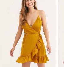 Free People Marigold Yellow Ruffle Wrap Mini Slip Dress M