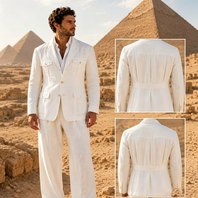 Mens White Linen Blend Safari Suit 2Pc 4 Pocket Belted Back Jacket Wide Pants
