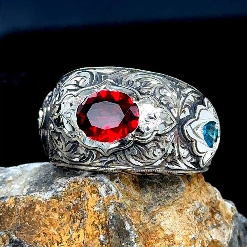 Anillo de plata 925 grabado con rubí y piedra aguamarina Foto 4 de 4