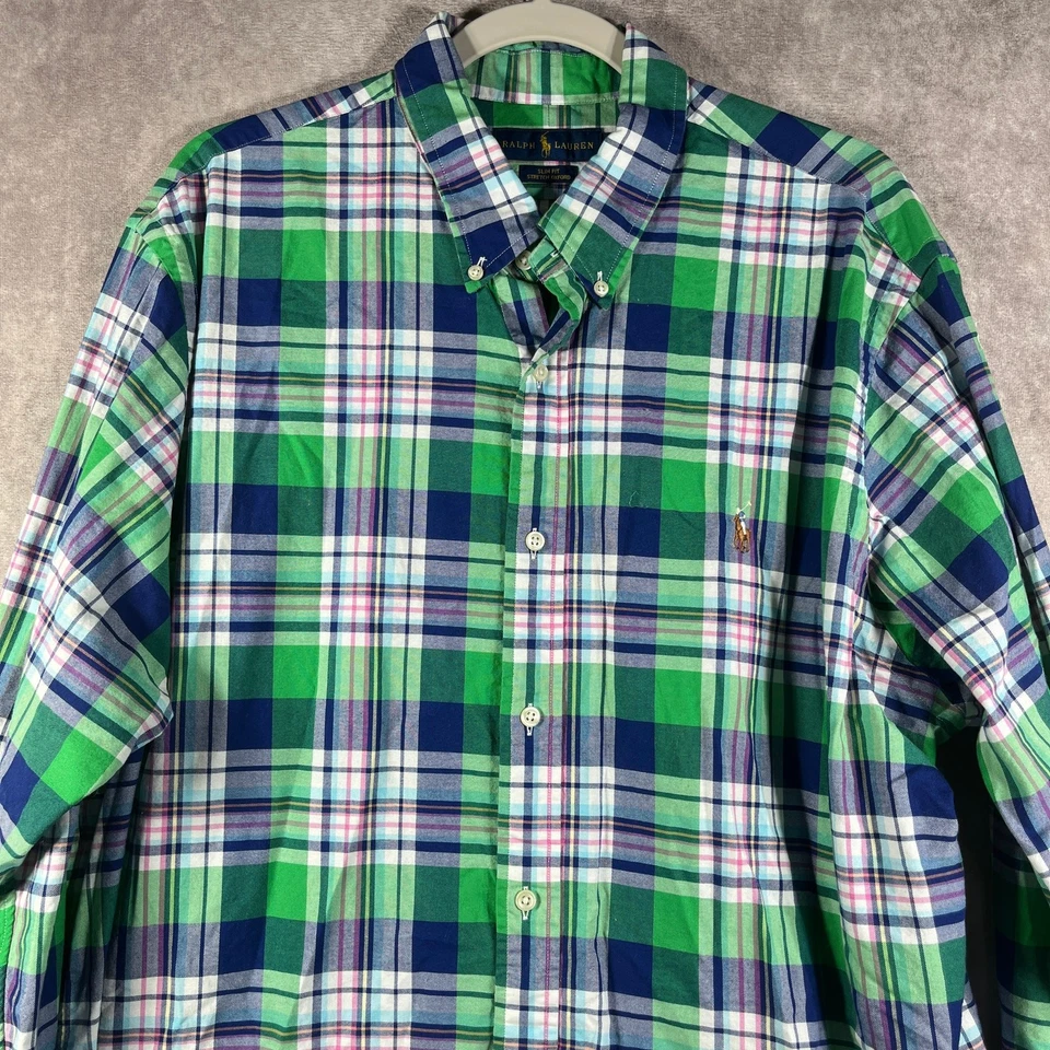 Camisa de Vestir Ralph Lauren Para Hombres 2XL Verde A Cuadros Elastizada Oxford Calce Ajustado Carne Poni Foto 2 de 4