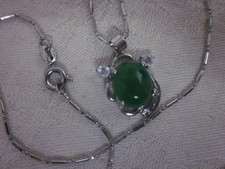 17" Genuine green Jade rhinestone pendant necklace 18K Gold filled chain