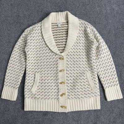 LL Bean Womens Size Medium Ragg Wool Birds Eye Knit Caridgan Sweater Cream Color