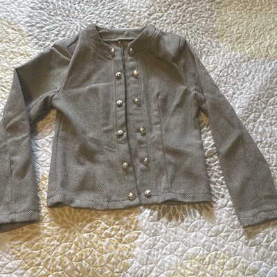 Women's Gray Herringbone Wool Button Jacket Long Sleeve Collarless Short, S