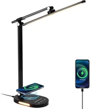  LED Desk Lamp with Cordless Charger, USB Charging Port, Touch Control, Black