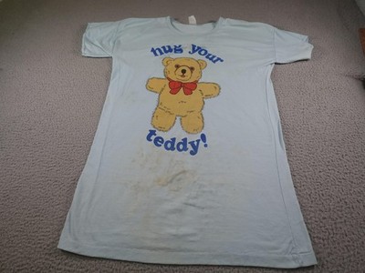 Vintage Hug Your Teddy Bear Graphic Shirt Womens One Size Blue KIKI Made USA 80s
