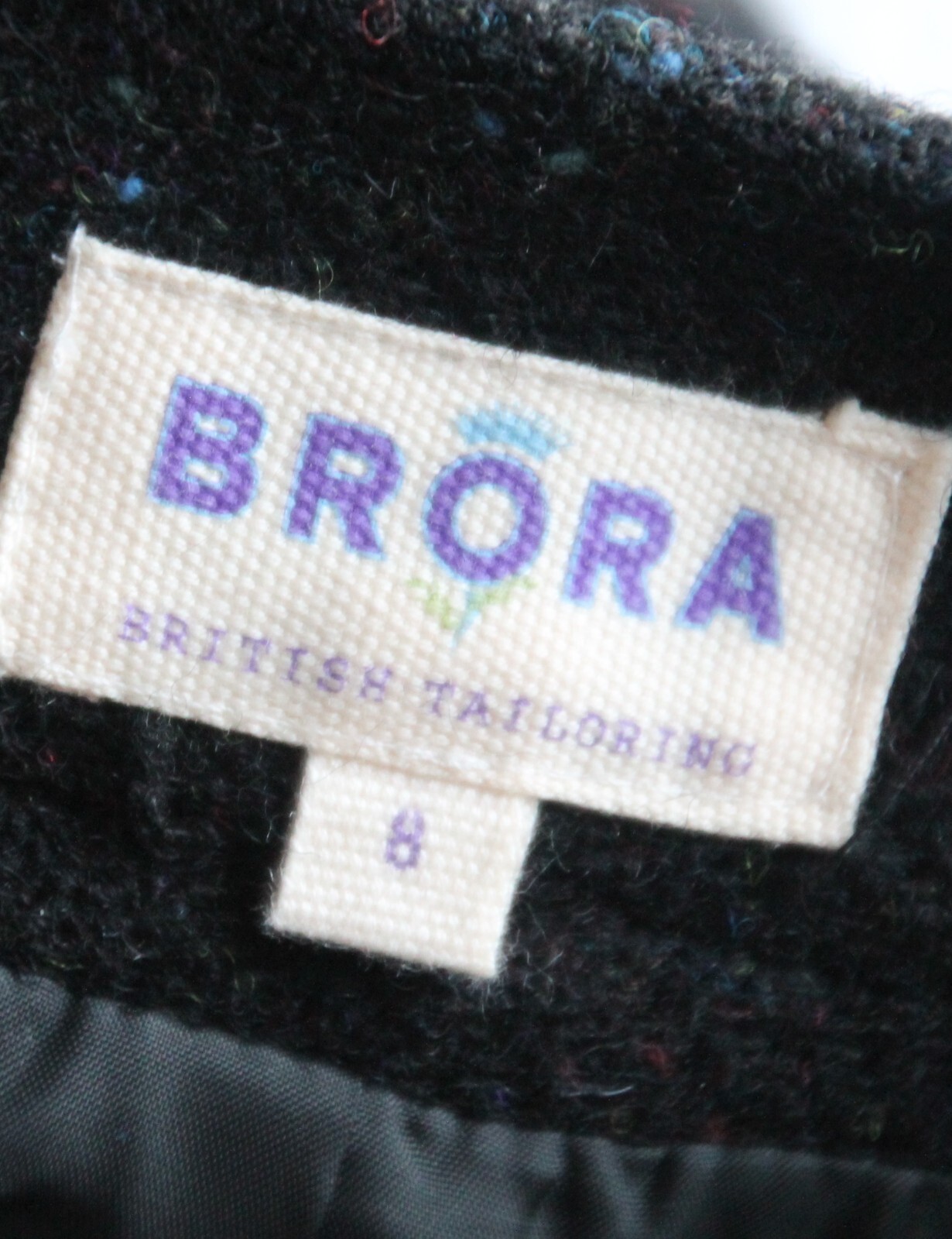 BRORA Black Fleck Harris Tweed 100 Virgin Wool Lined Skirt Pocket UK 8