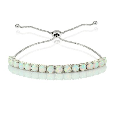 Sterling Silver Created White Opal 5mm Round Adjustable Bracelet