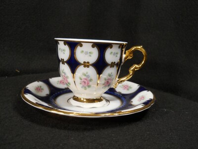RGK Leander 1946 Tea Cup & Saucer Original Cobalt w/Gold & Pink Rose~ Bohemia