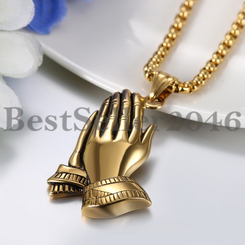 Men Women Praying Hands Pendant Necklace Stainless Steel Chain for Christian 22" - Picture 13 of 15