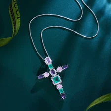 Silver Plated Multi Color Cubic Zircon Cross Pendant Necklace for Women Jewelry 