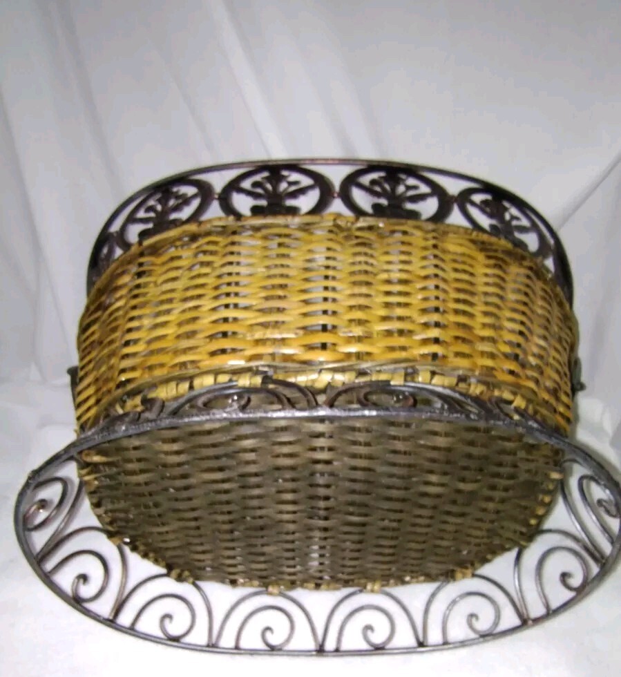 Wicker Basket / Metal Ornate Pattern Around Top And Bottom- 18"X 11" X 14"